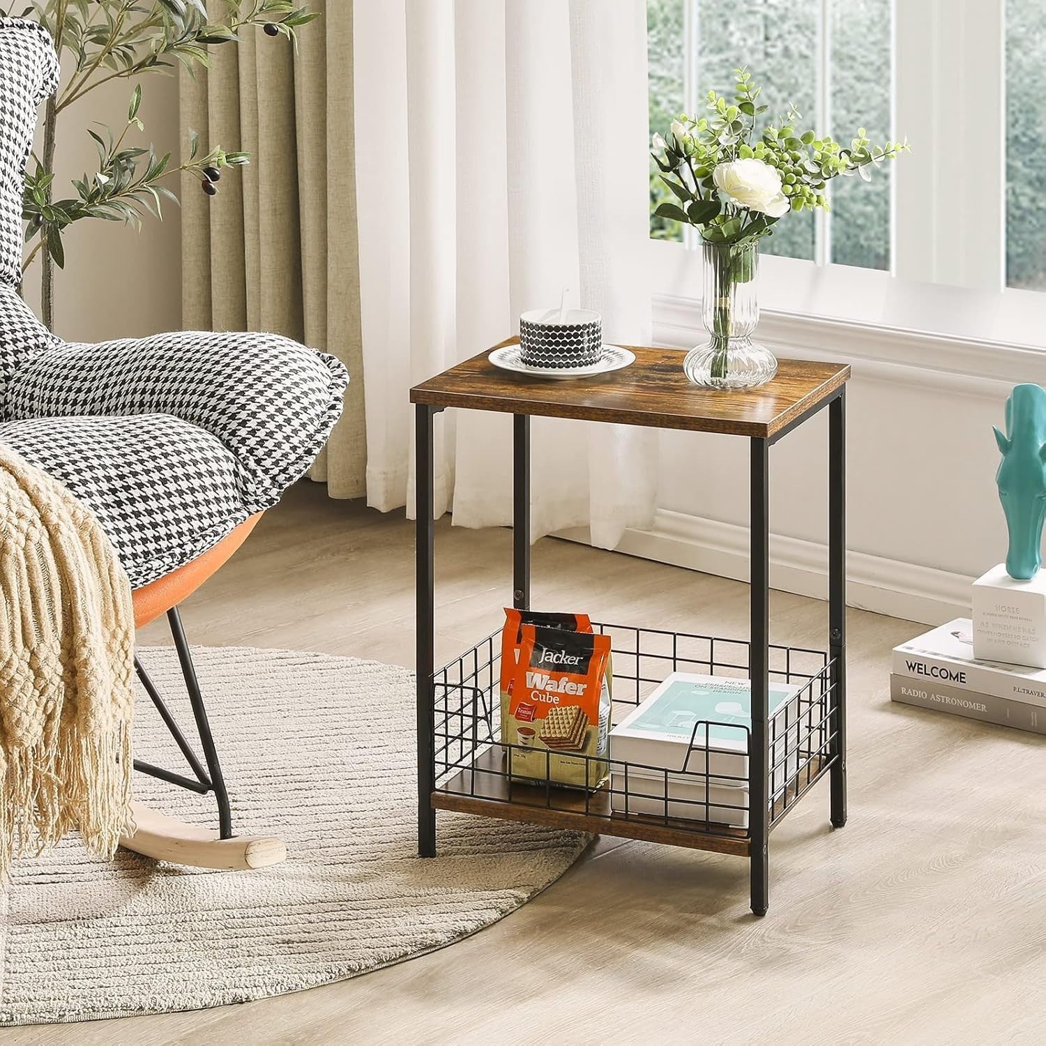 Rustic Brown Side Table with Storage Rack – Small Nightstand & Coffee Table
