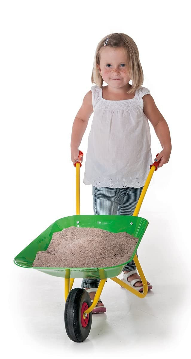 Kids Green Metal Wheelbarrow – Yellow Handles, Tubeless Tyre, 25kg Load Capacity