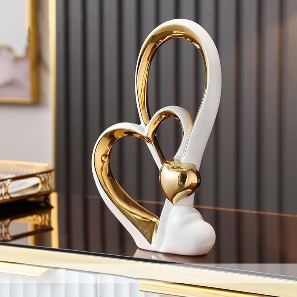 Tall White Gold Heart Sculpture Modern Ceramic Ornament Luxury Home Decor Gift