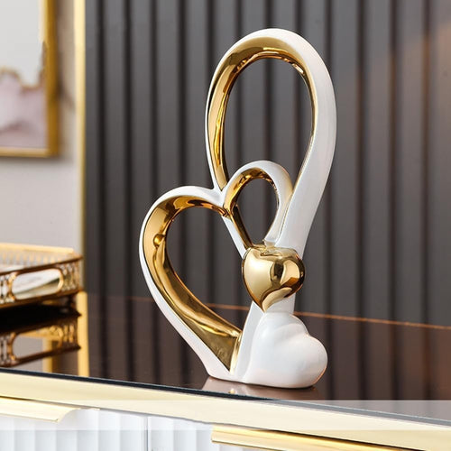 Tall White Gold Heart Sculpture Modern Ceramic Ornament Luxury Home Decor Gift