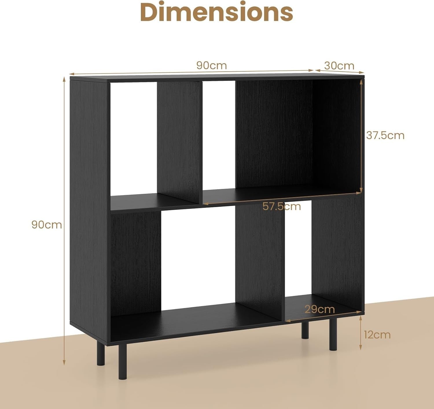 4-Cube Storage Bookcase Wooden Shelves Metal Legs Anti-Tip 90x30x90cm