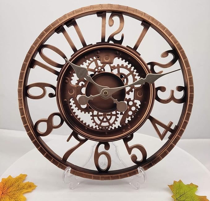 Large Outdoor Garden Wall Clock 30cm Vintage Copper Gear Design Rustic Quartz