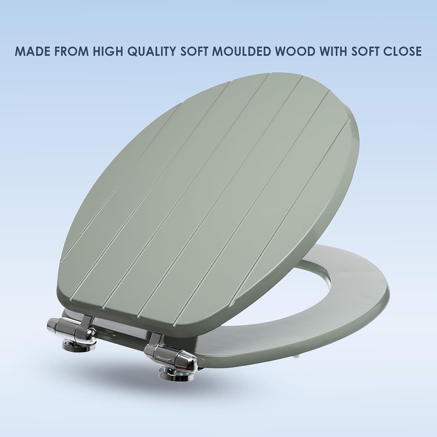 Sage Green Toilet Seat Tongue & Groove Wood Stainless Steel Hinges 42x35cm