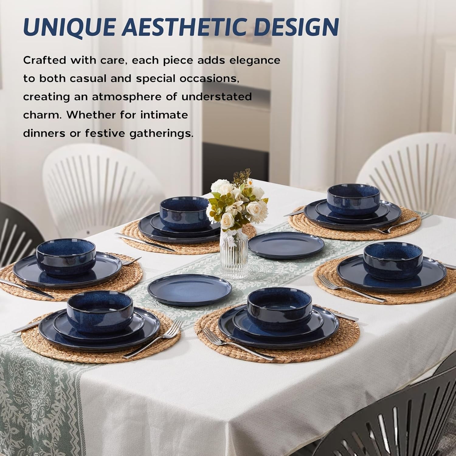18pc Stoneware Dinnerware Set for 6 Reactive Glaze Plates Bowls Blue