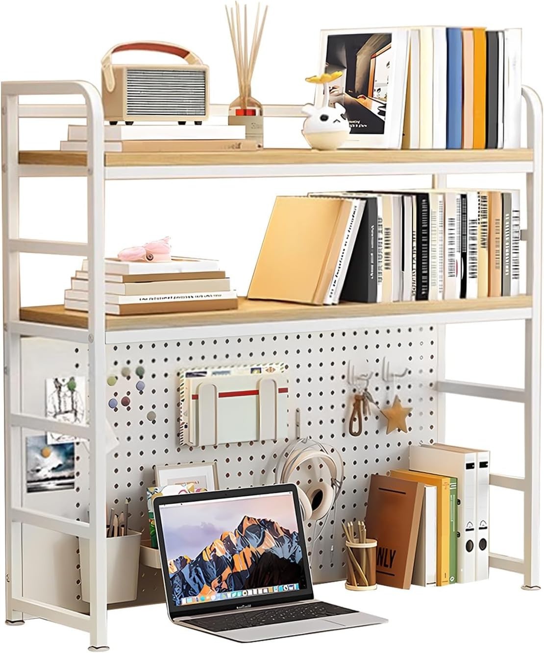 2-Tier Desktop Hutch Shelf w/ Pegboard Metal/MDF Organizer Rack 70cm White