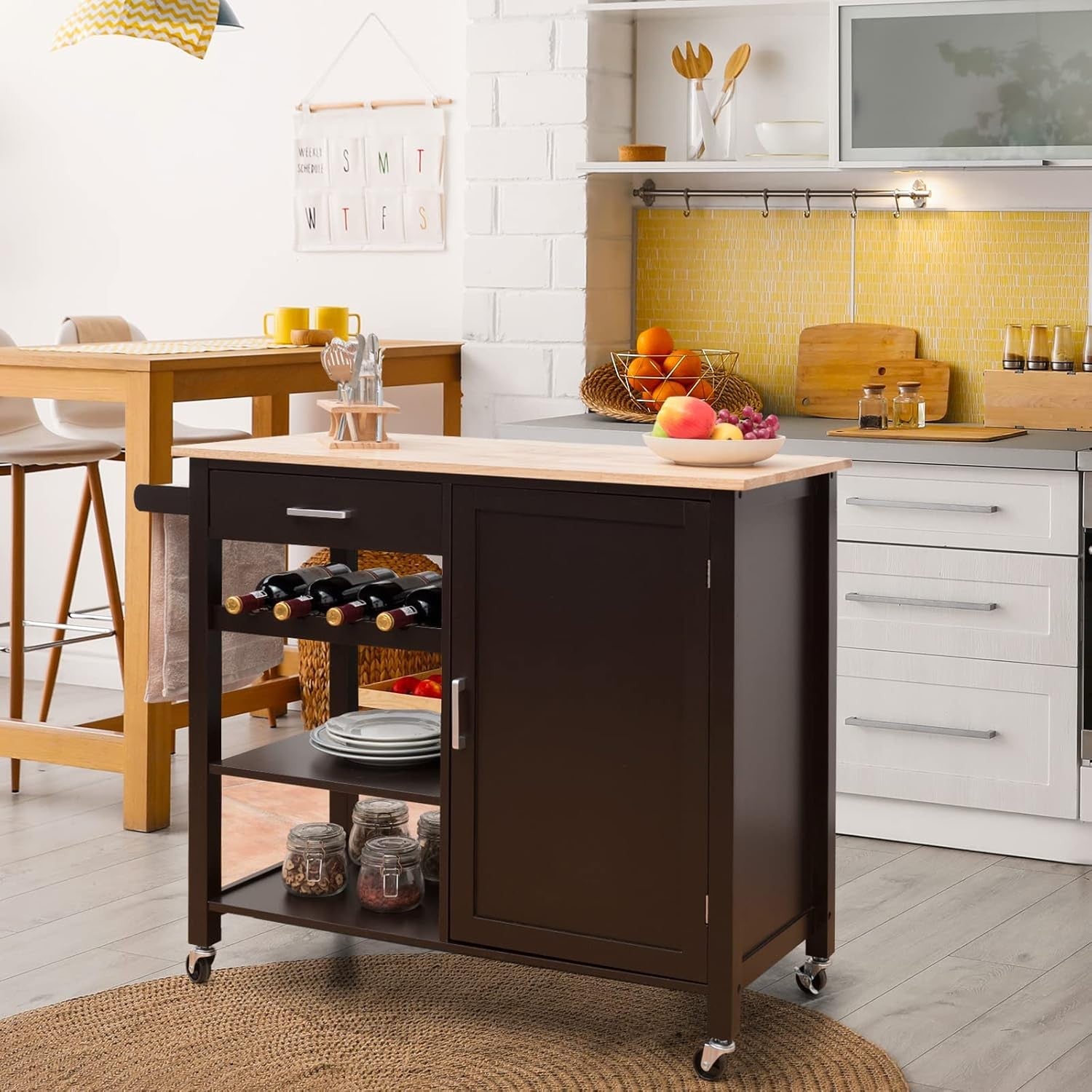 Rolling Kitchen Island Cart with Wine Rack Adjustable Shelf Oak Wood Top