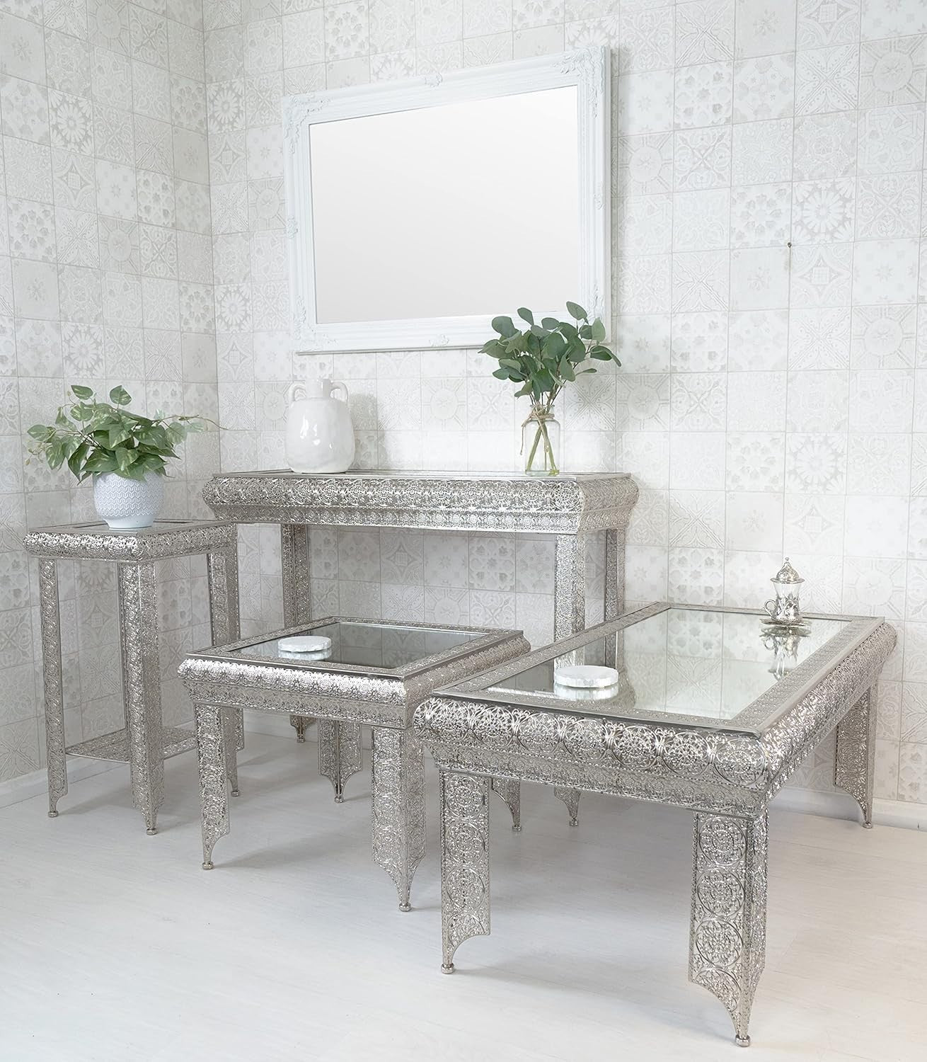 Moroccan Silver Embossed Metal Console Table with Glass Top 33Dx102Wx75H cm