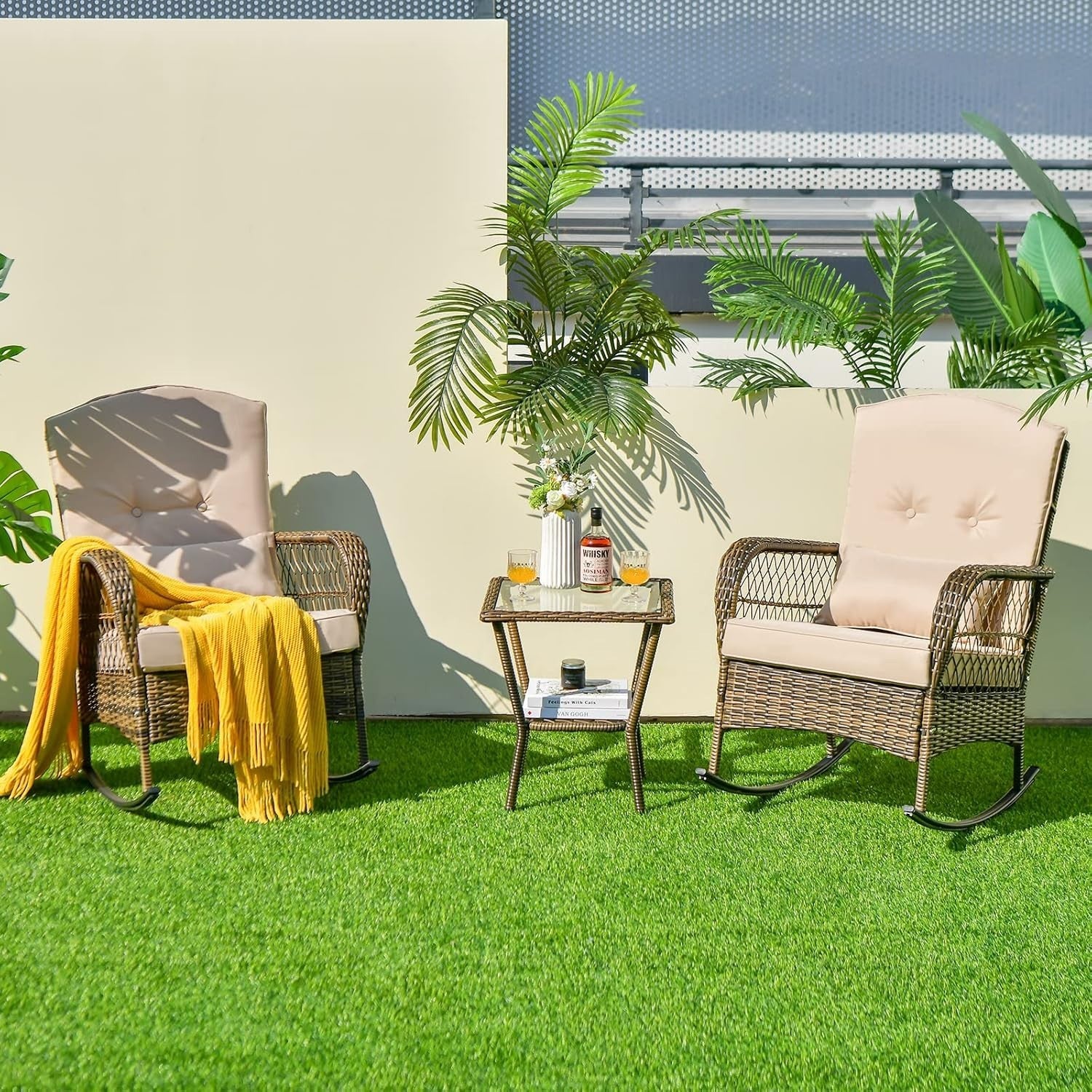 3-Piece Rattan Patio Bistro Set with Cushioned Rocking Chairs & Glass Table