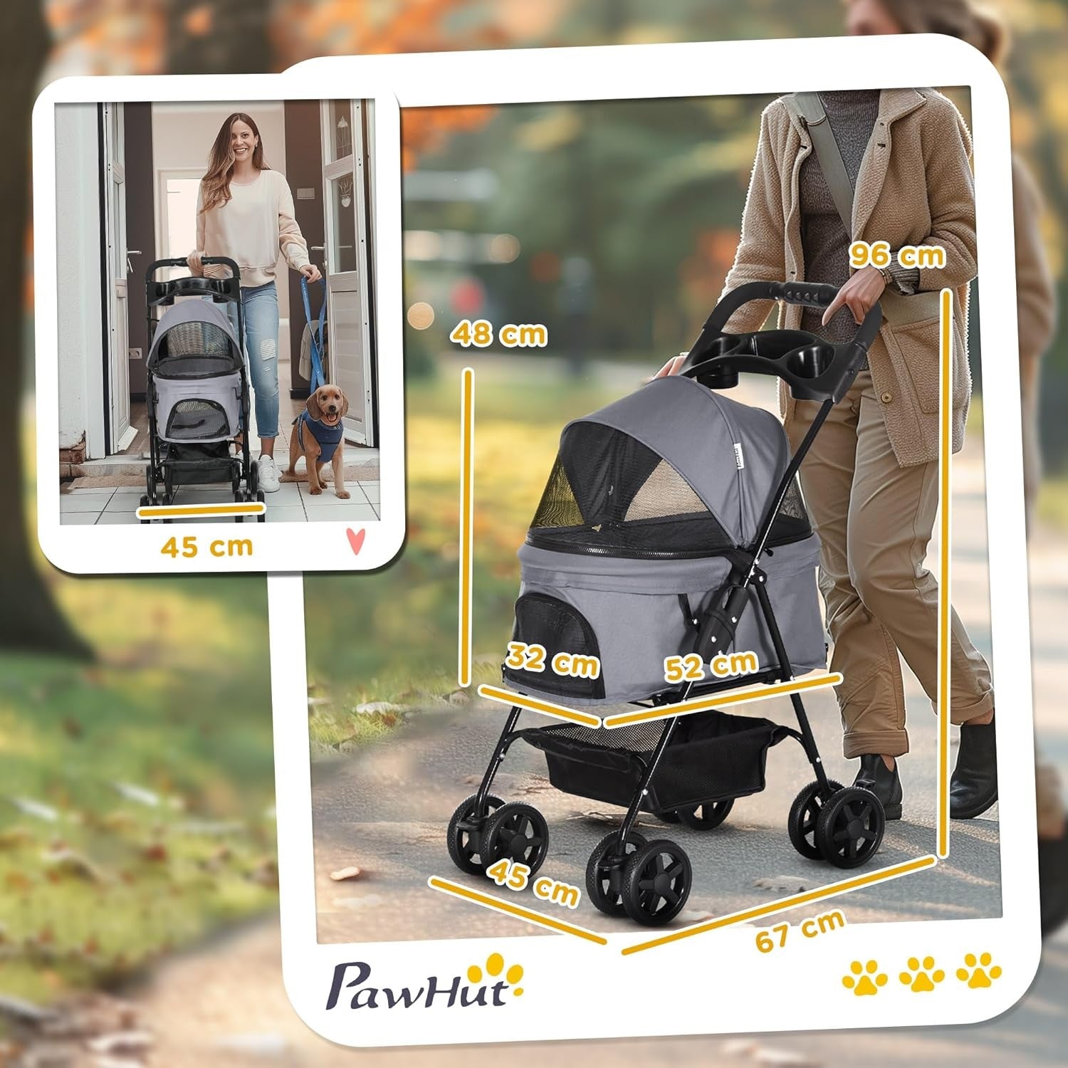 Pet Travel Stroller Dog Pushchair 4 Wheel Foldable Safety Leash Cup