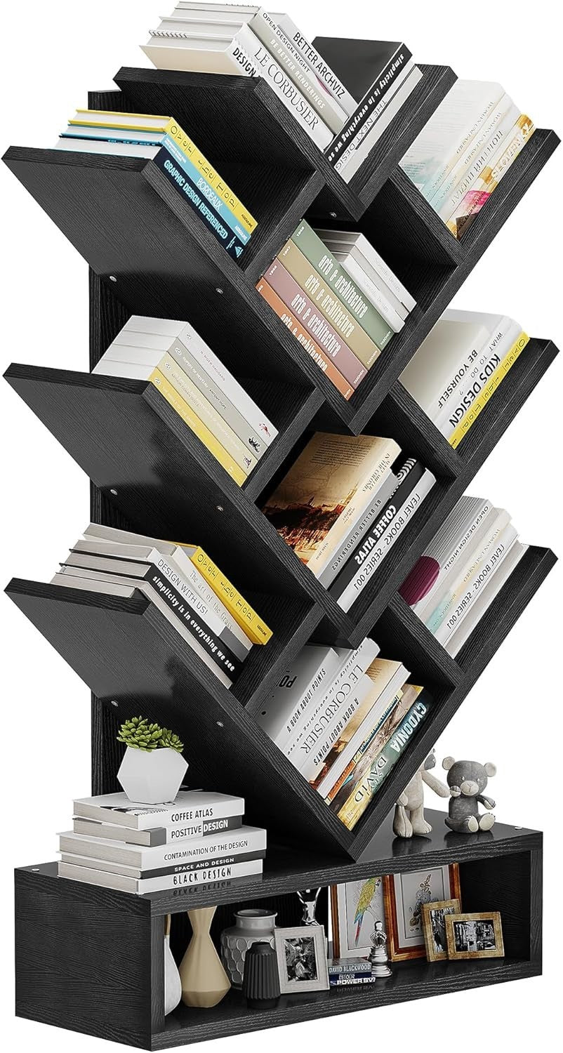 Tree Bookshelf with Drawer 5 Tier Black Wooden Bookcase Storage Rack