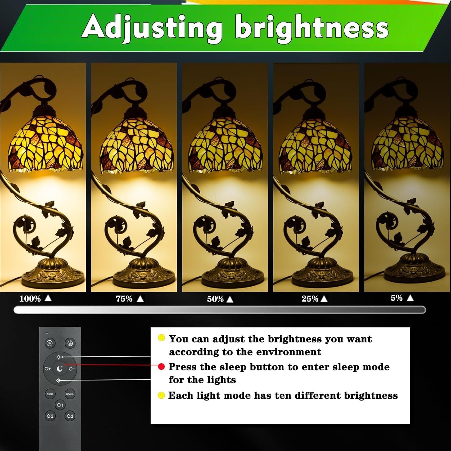 Stained Glass Table Lamp Remote Control Dimmable 3 Color Temp 22x19x52cm