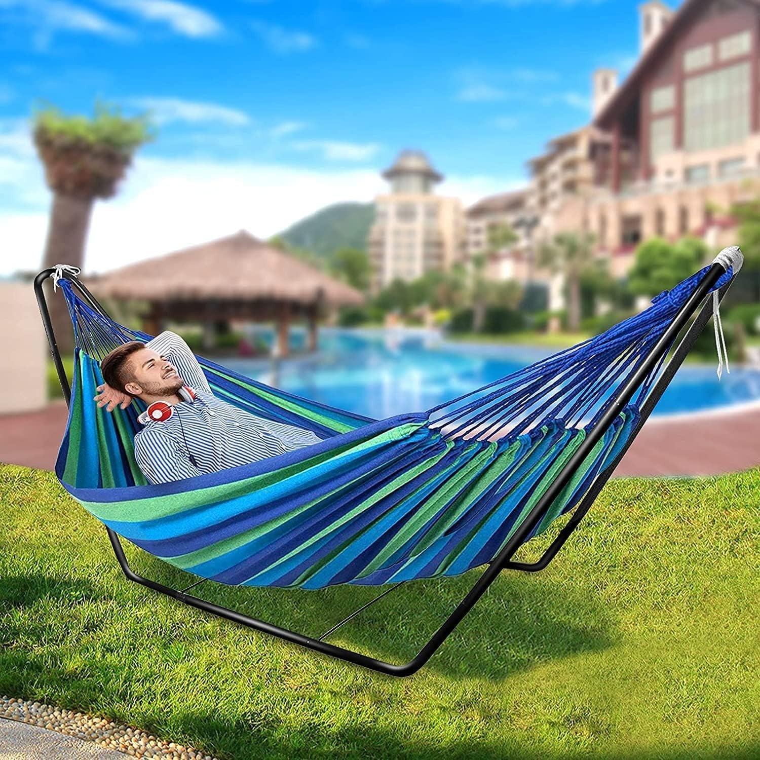 Space-Saving Double Cotton Hammock with Adjustable Steel Stand + Carry Bag