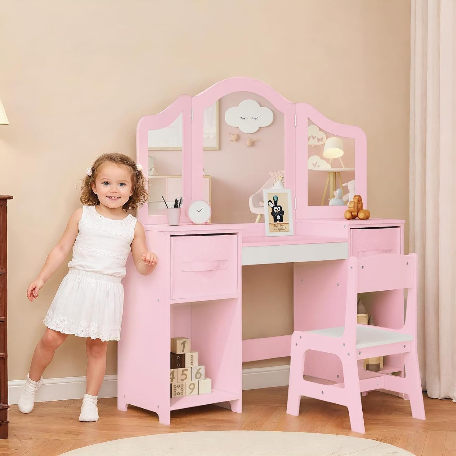Kids Vanity Table & Chair Set Pink White 2-in-1 Makeup Desk with Storage