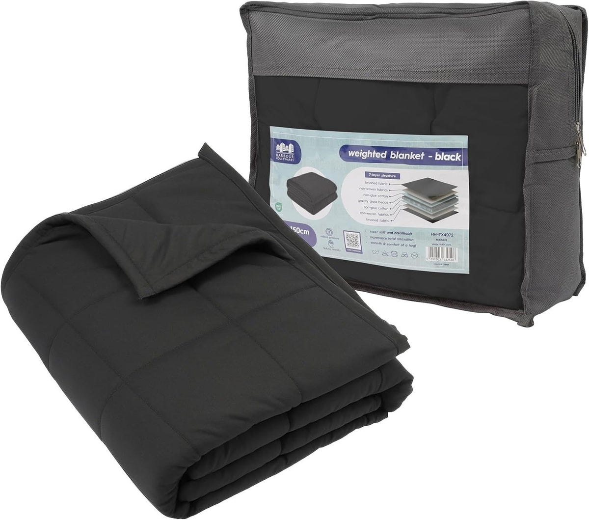 4kg Weighted Blanket, Black Cotton 125x150cm Anxiety Stress Relief with Storage