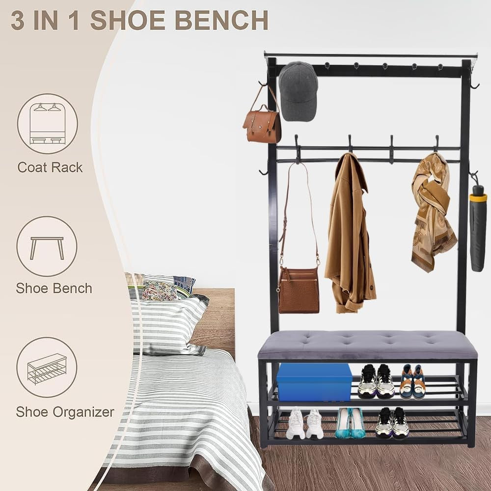 Modern Hall Tree Coat Rack with Shoe Bench 100cm | Entryway Storage Stand