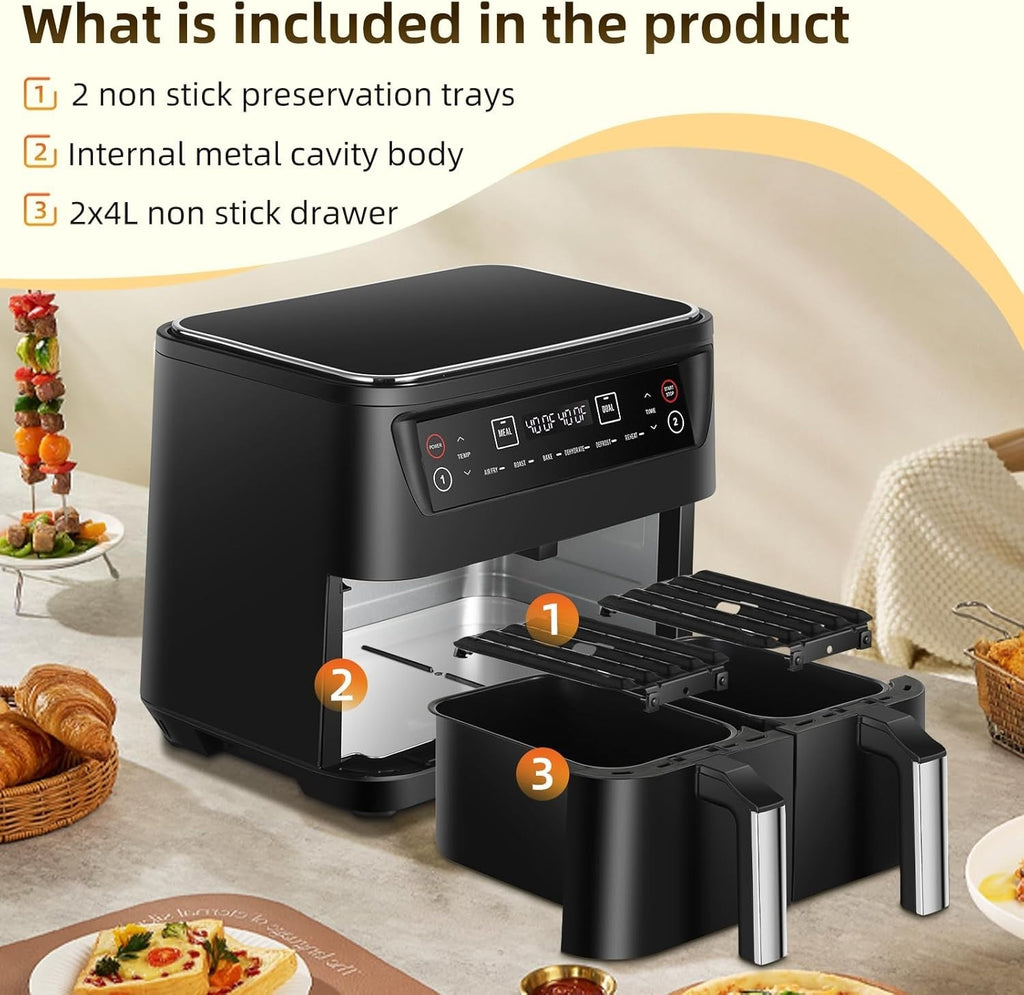 8L Dual Zone Air Fryer | Large Capacity 2 Drawers | 8-in-1 Presets | Sync Cook