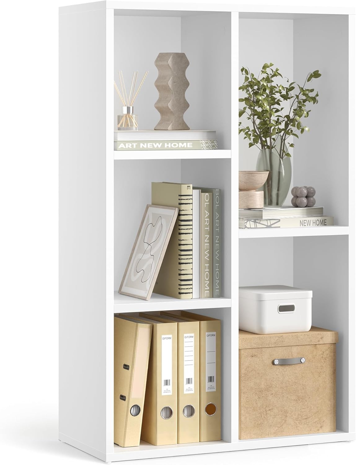 5-Compartment White Bookcase | Modern Cube Storage Shelf for Home Office Living