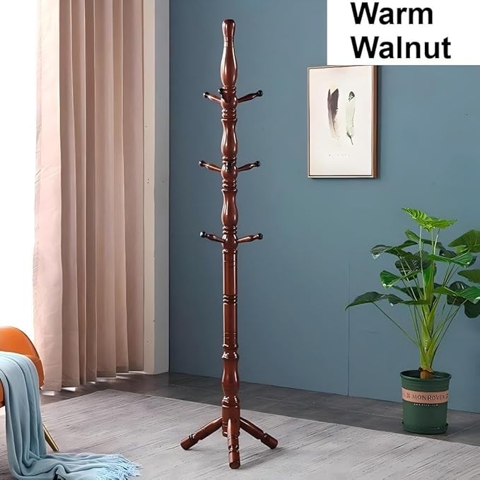 Warm Walnut Solid Wood Coat Rack with 9 Hooks | Vintage Freestanding Hall Tree