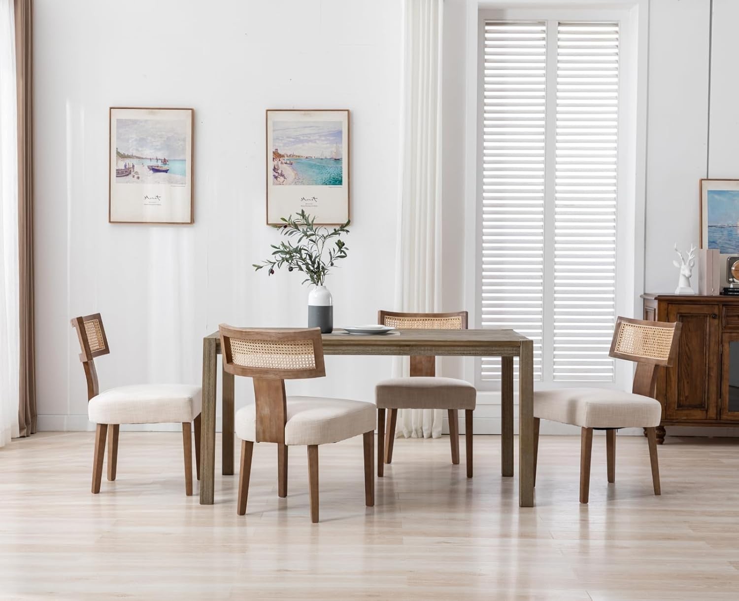 Natural Rattan Dining Chairs Set of 2 Upholstered Wood Kitchen Chairs Retro