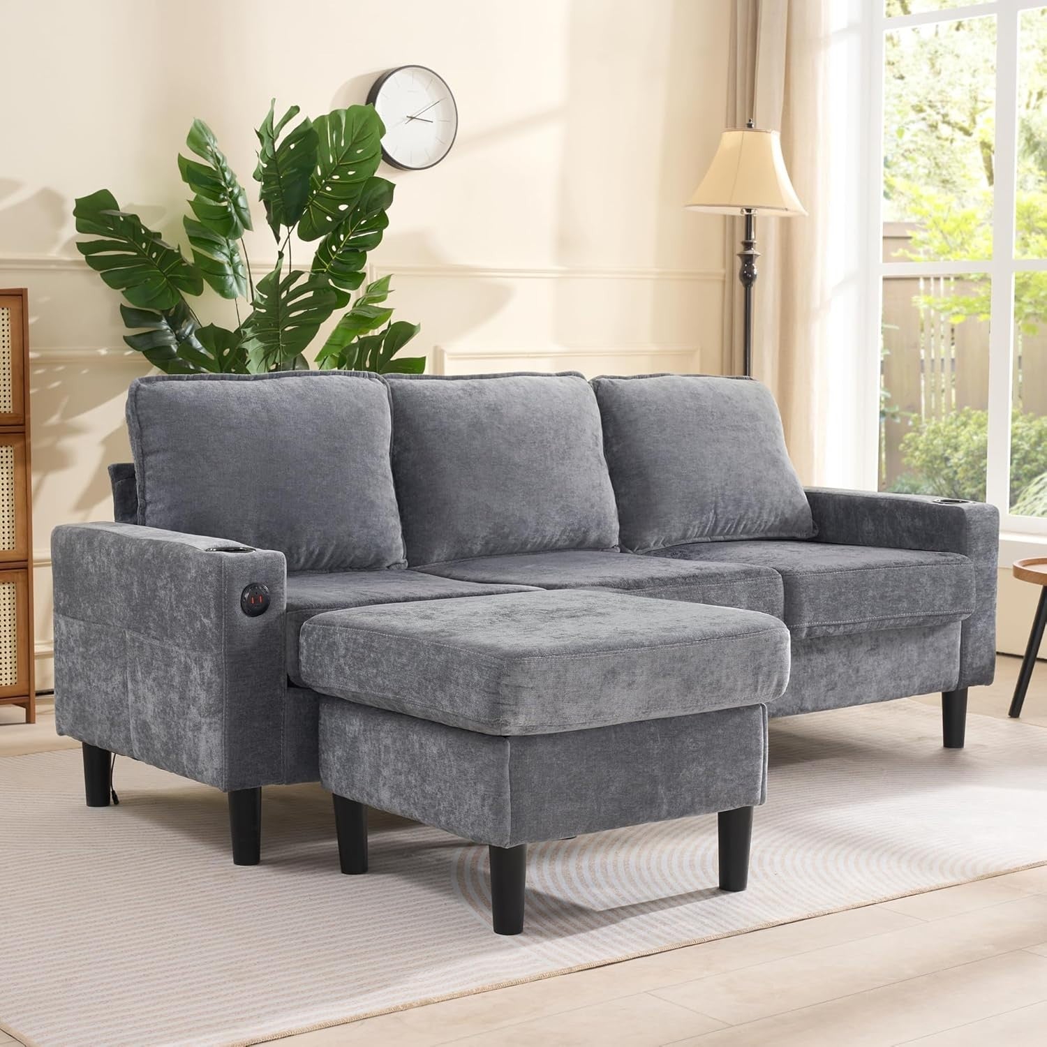 L-Shaped Corner Sofa Bed 3 Seater Grey with USB, Cup Holders, Storage