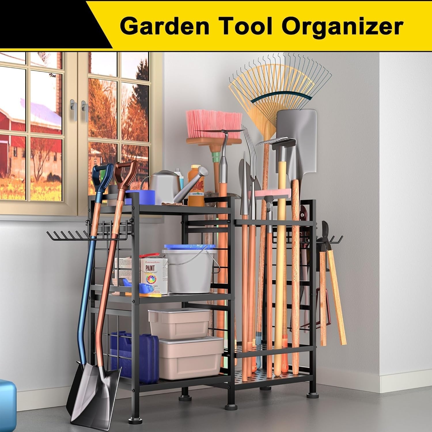 6-Tier Garden Tool Rack Metal Shed Storage Organizer Heavy Duty Black