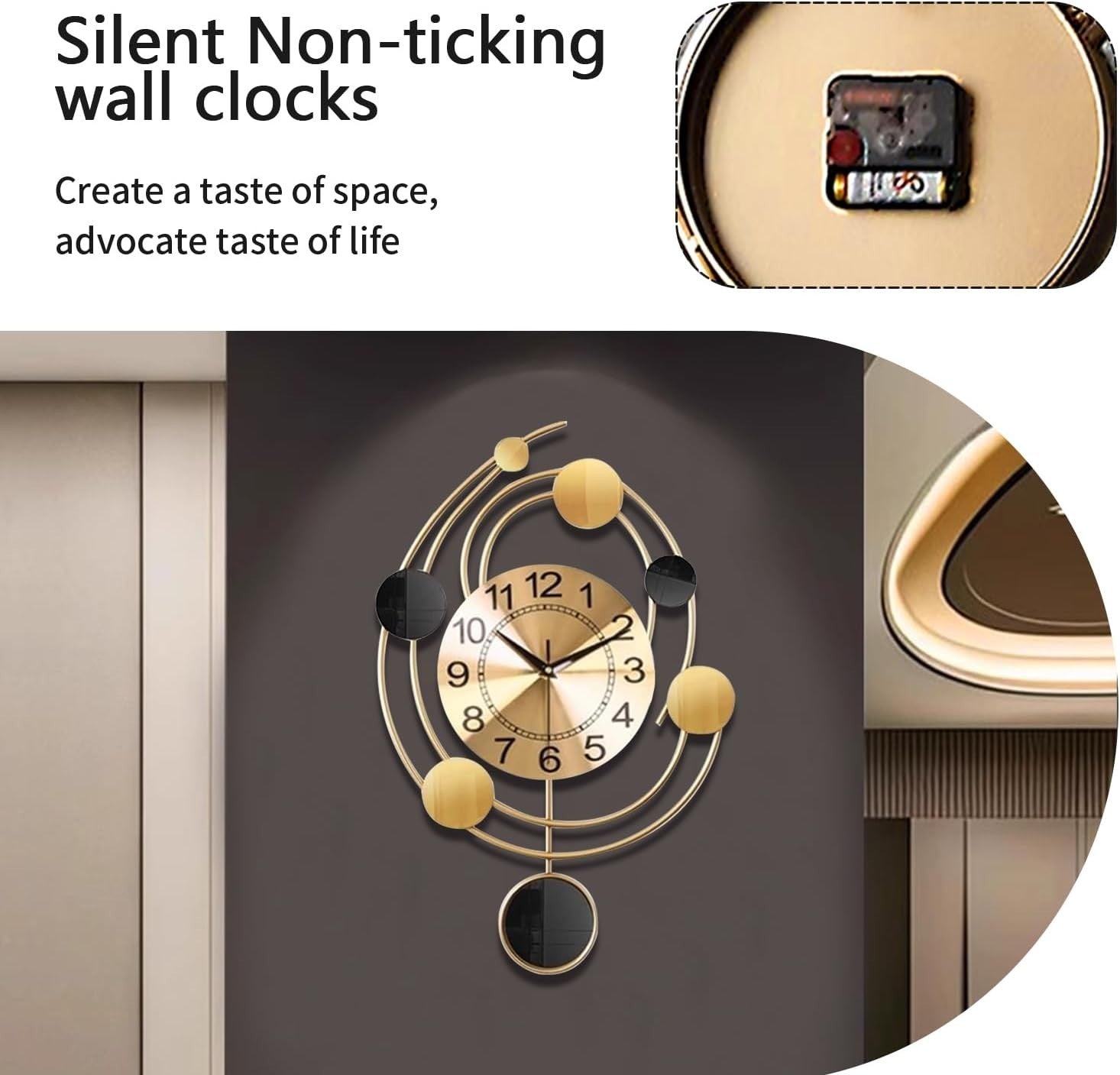 Large Gold Wall Clock Silent Non-Ticking Modern Art Deco 64cm Home