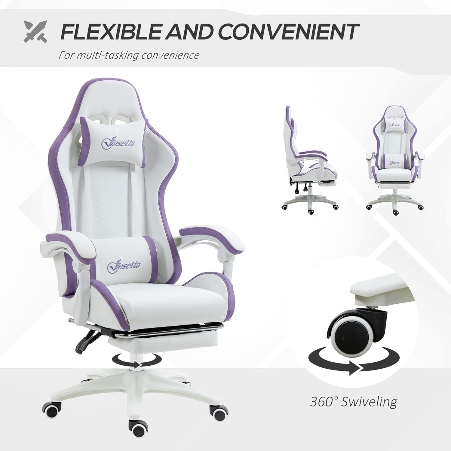 Gaming Chair PU Leather Recliner w/ Footrest 135° Swivel White Purple