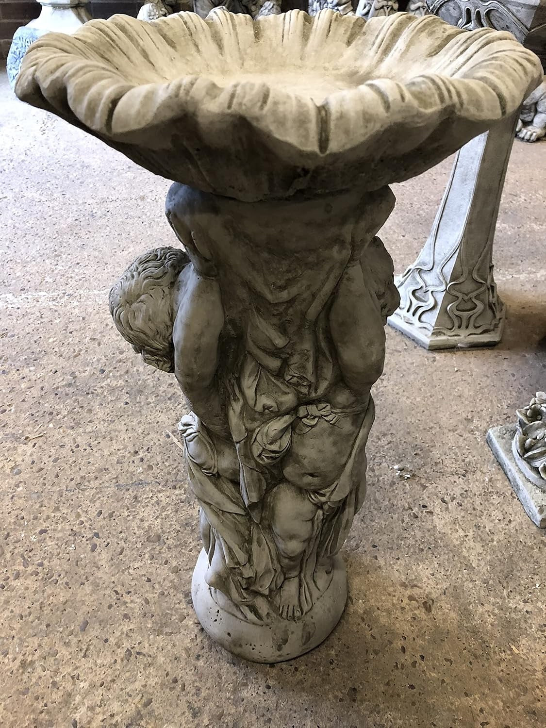 Twin Cherub Stone Bird Bath Heavy Concrete Garden Ornament Feeder Statue