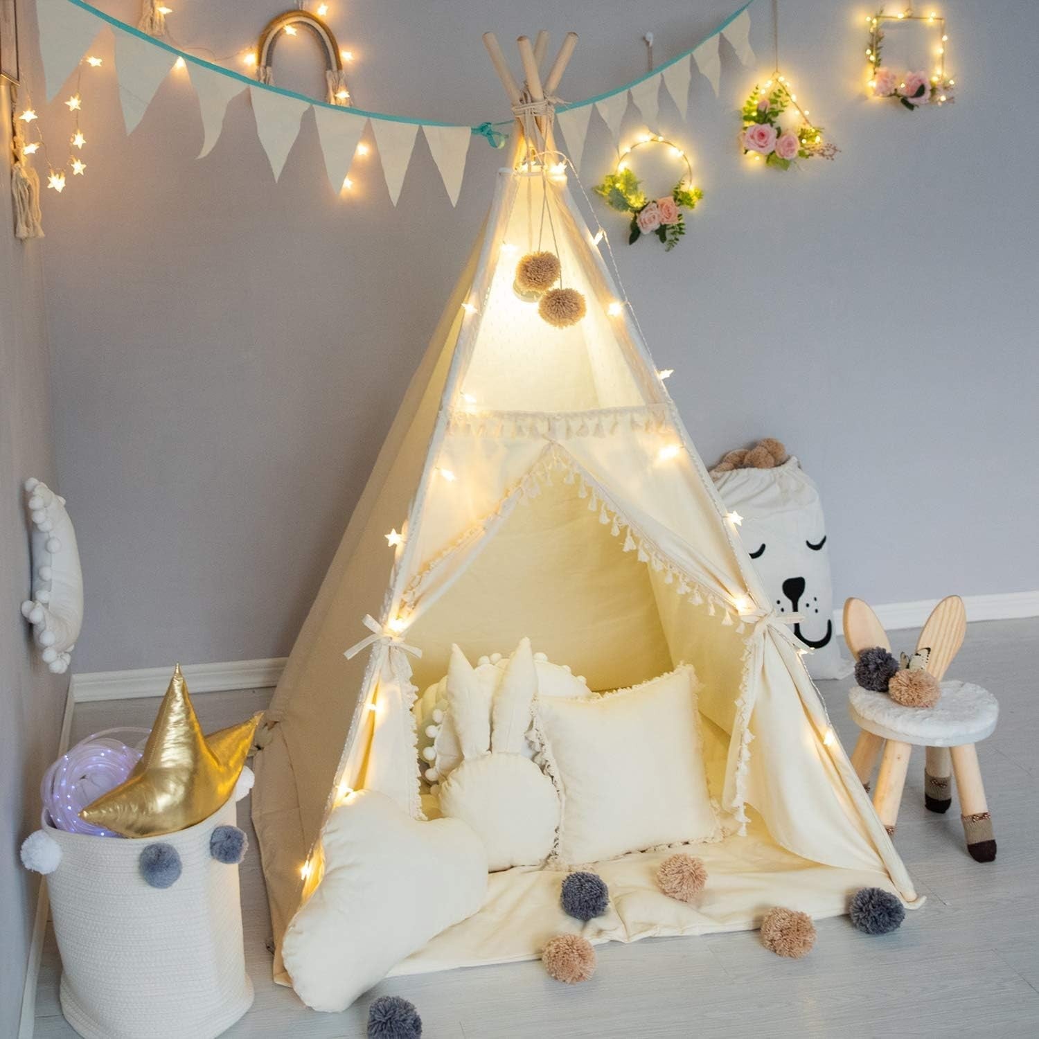 Kids Teepee Tent Cotton Canvas w Padded Mat Banner Tassels