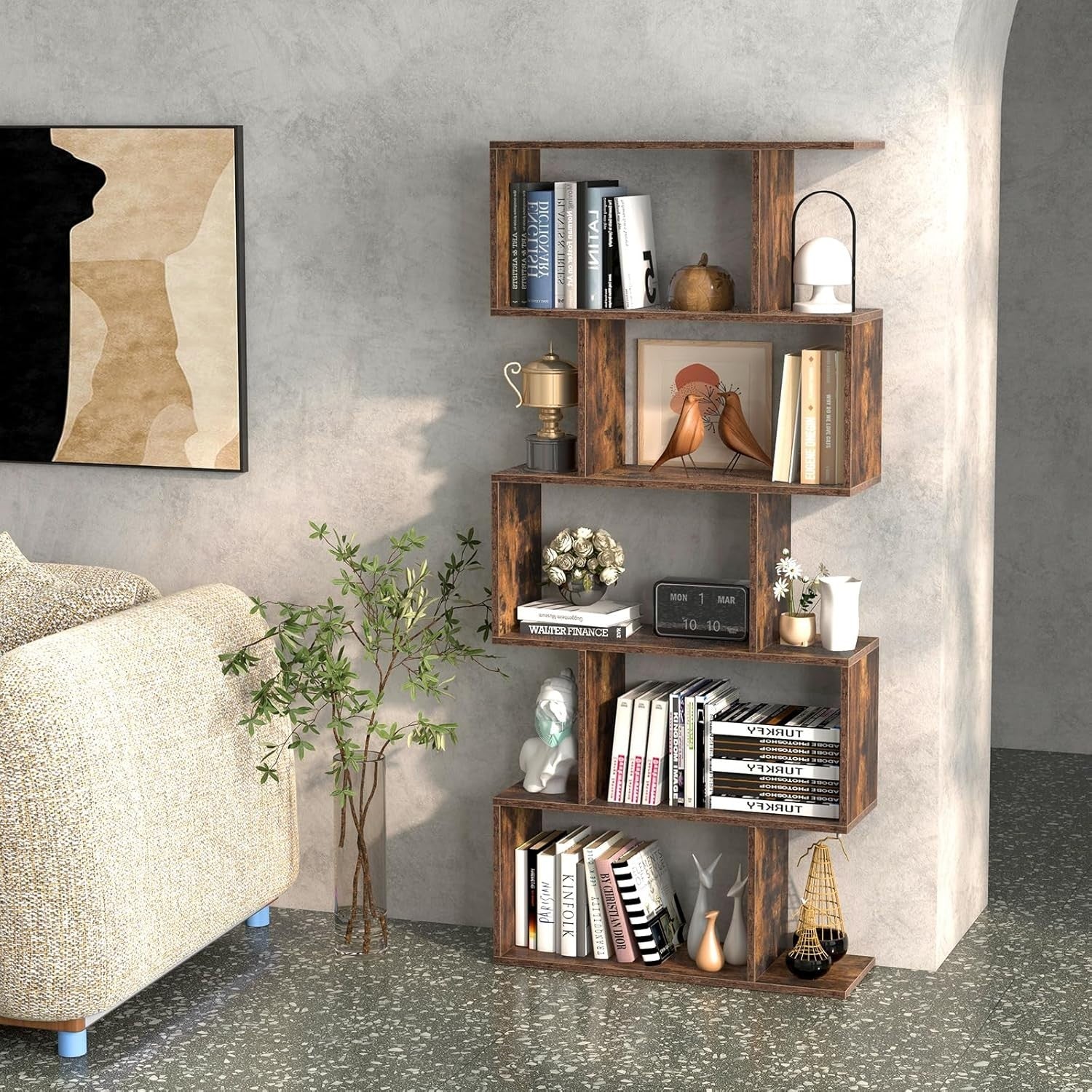 S Shaped 5 Tier Wooden Bookcase Freestanding Display Storage Shelf Rustic Brown