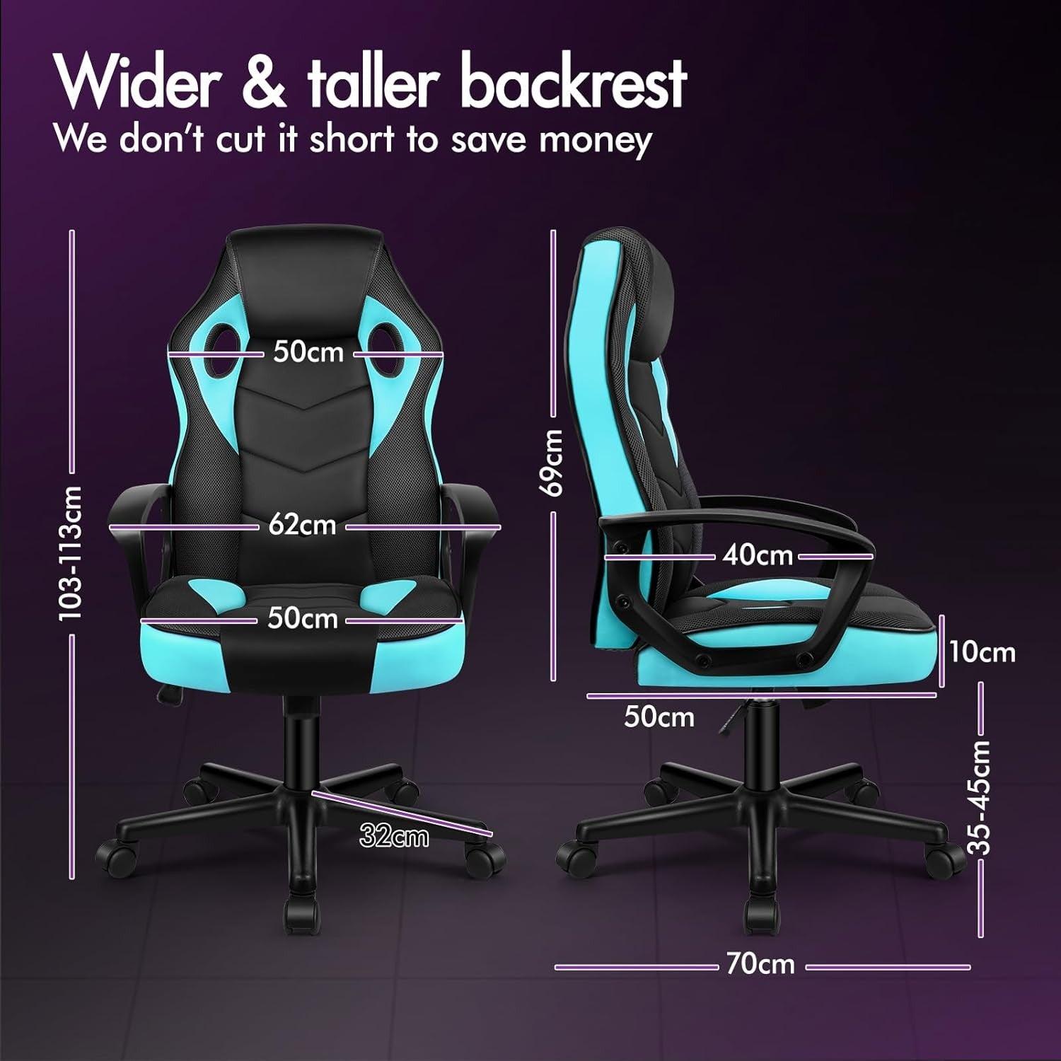 Ergonomic Gaming Chair Racing Swivel Desk Chair Mesh PU Cyan