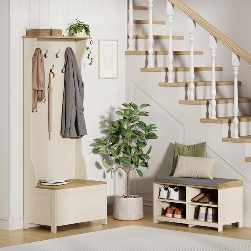 Cream Shoe Storage Bench with Cushion & 4 Shelves – Hallway Entryway Unit
