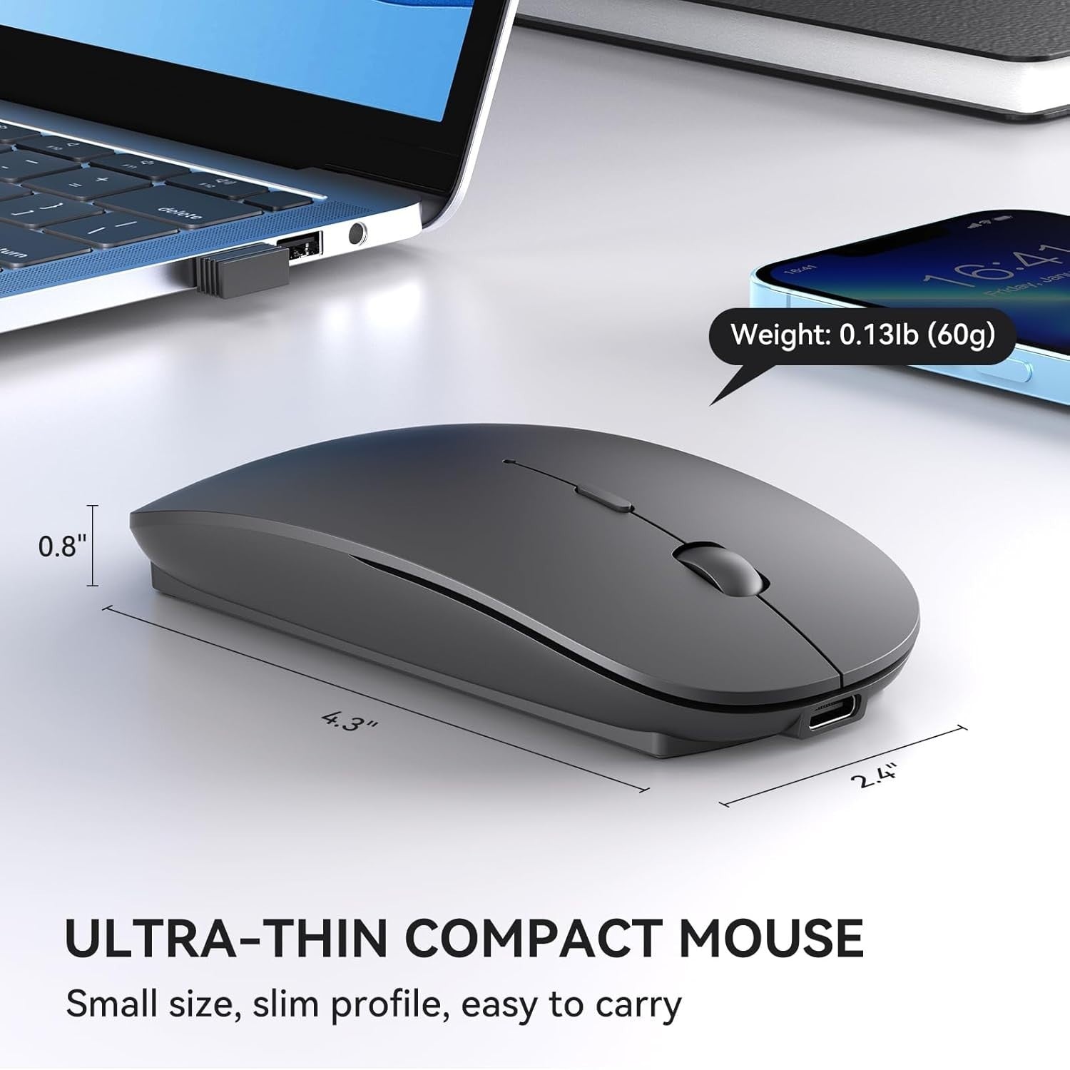 Rechargeable Wireless Mouse USB C USB A Silent Click Slim Laptop PC Mac
