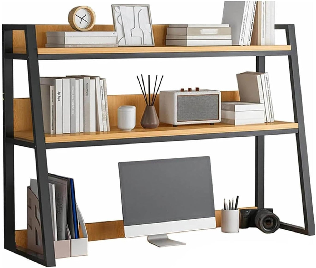 2-Tier Desktop Bookshelf Hutch Space-Saving Desk Organizer Shelf Black