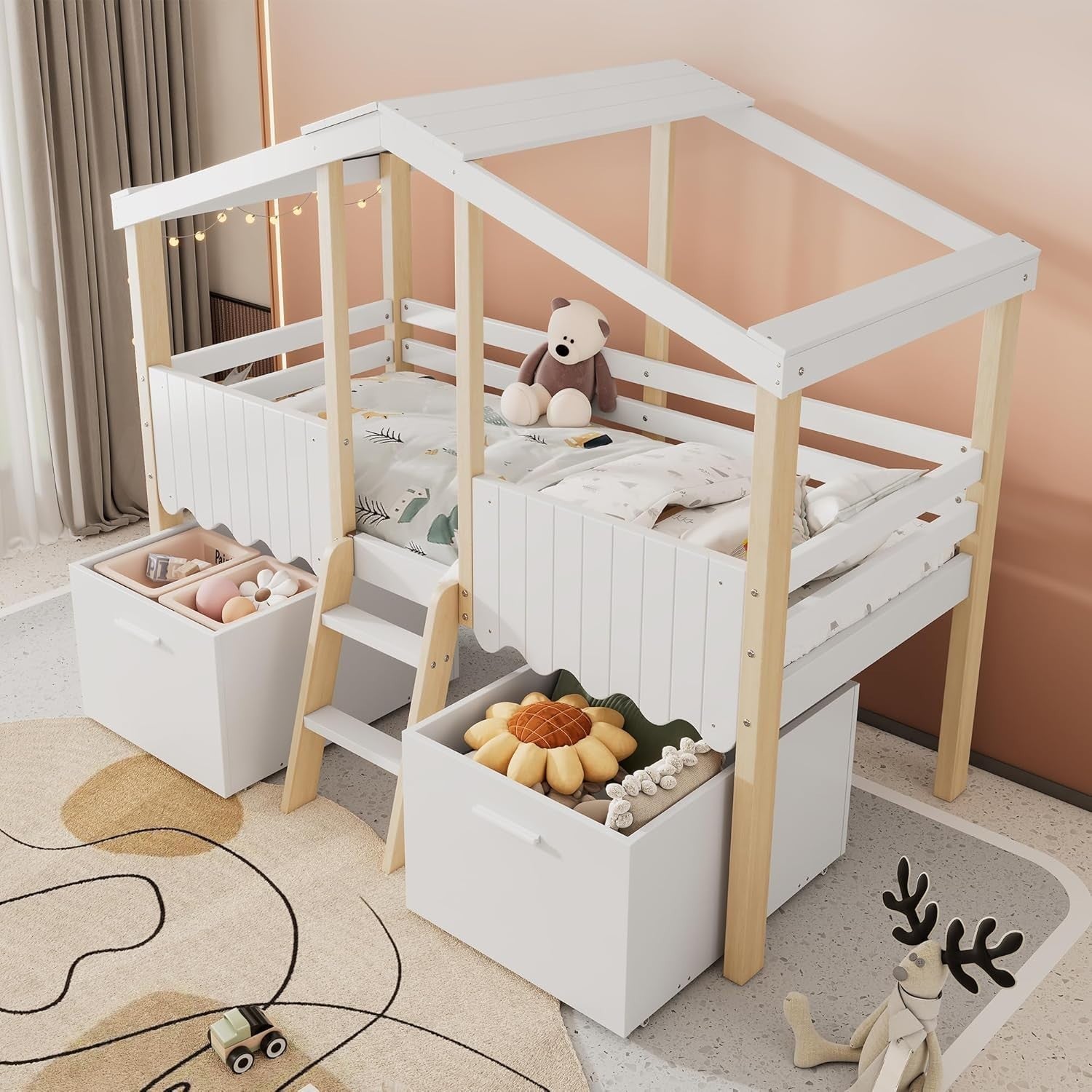 Kids Mid Sleeper Bed with Storage Drawers Safety Guard Cabin 90x190cm