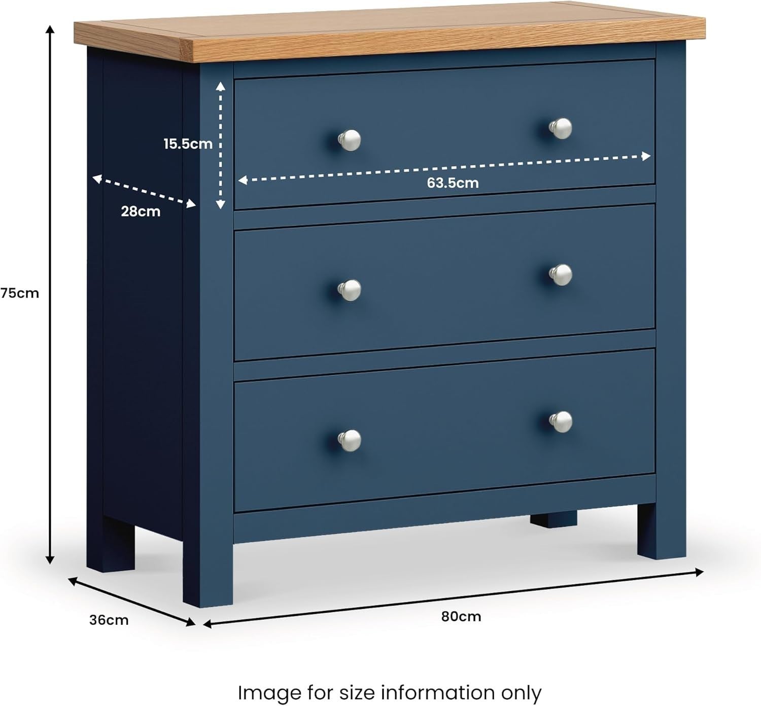 Navy Blue Solid Wood Chest Drawers Oak Top Bedroom Storage Unit 3 Drawer