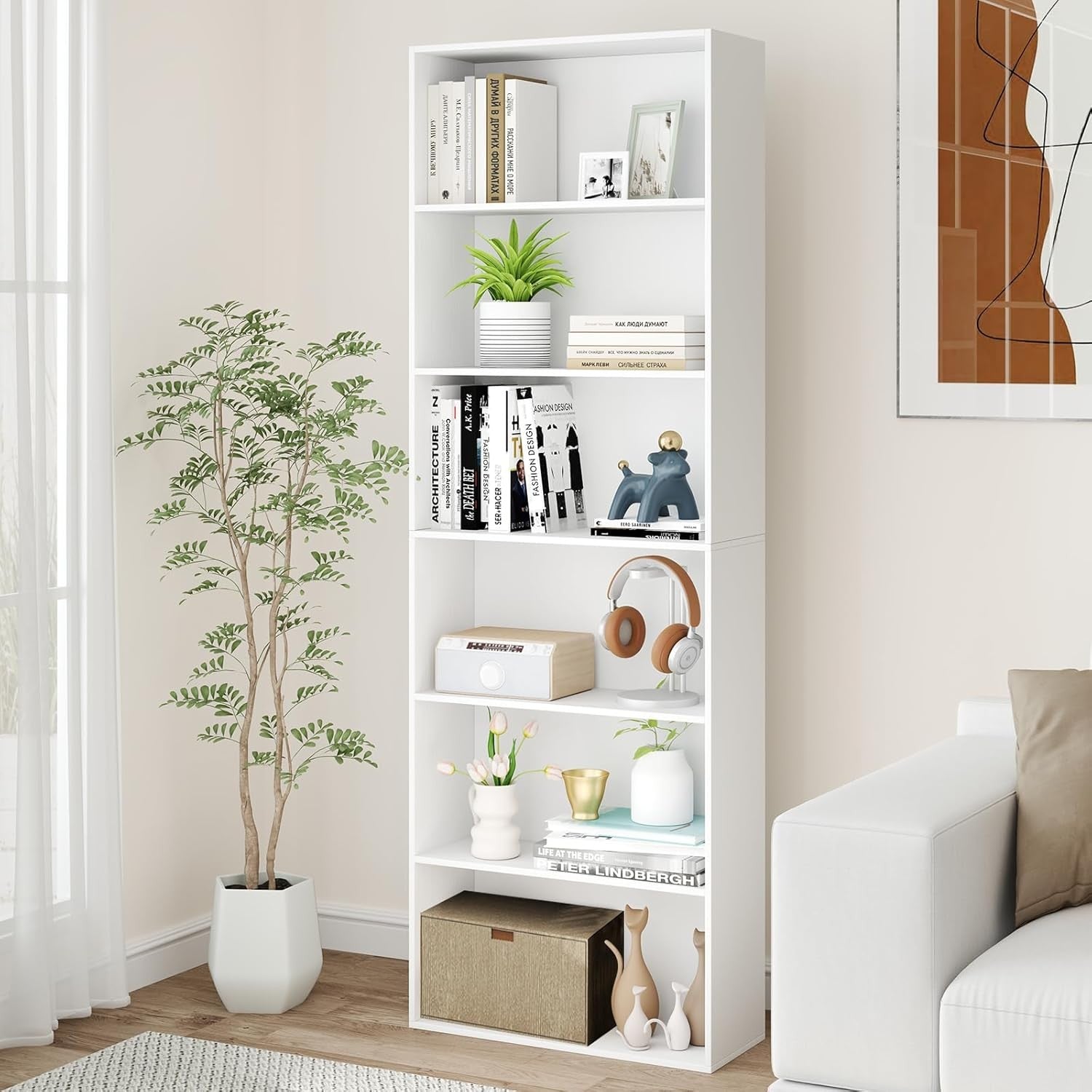 Tall White 6-Tier Bookshelf Storage Unit Modern Display Shelving for Home
