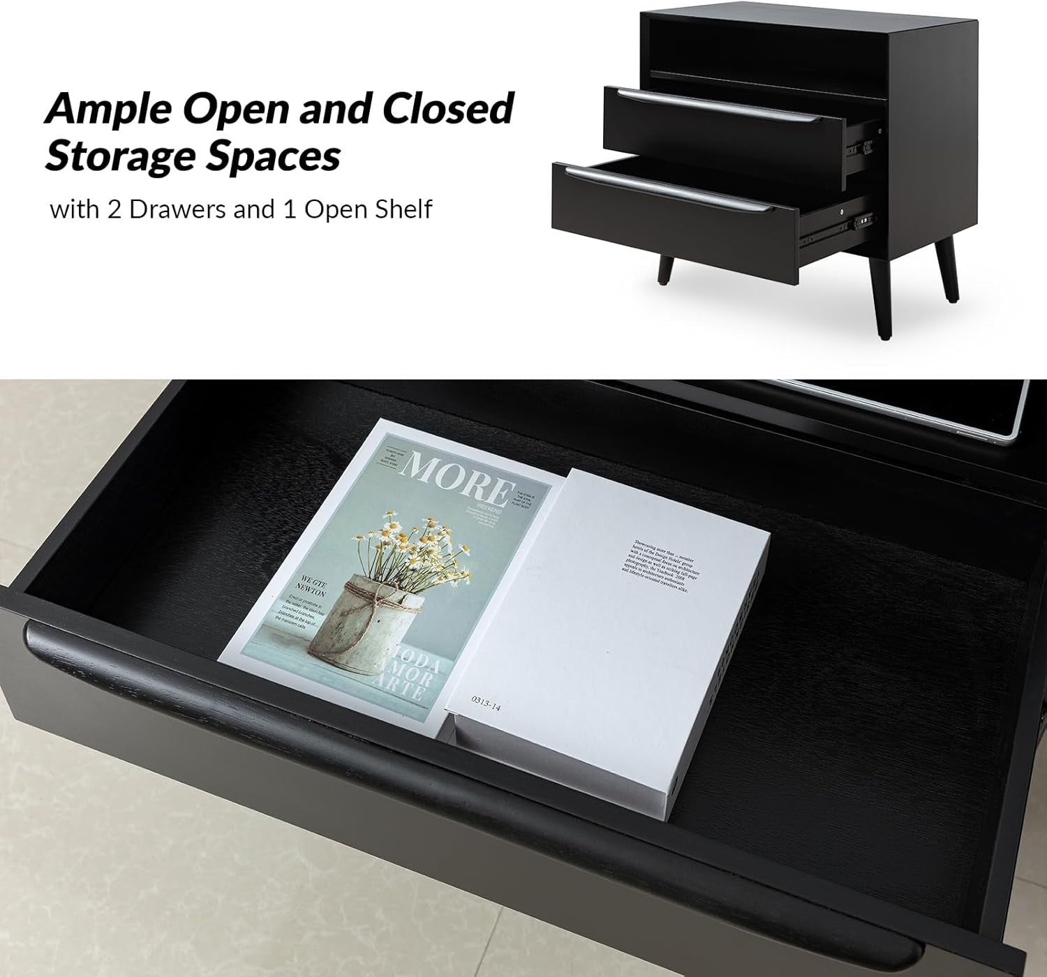 Modern Black Wooden Bedside Table with 2 Drawers & Open Shelf