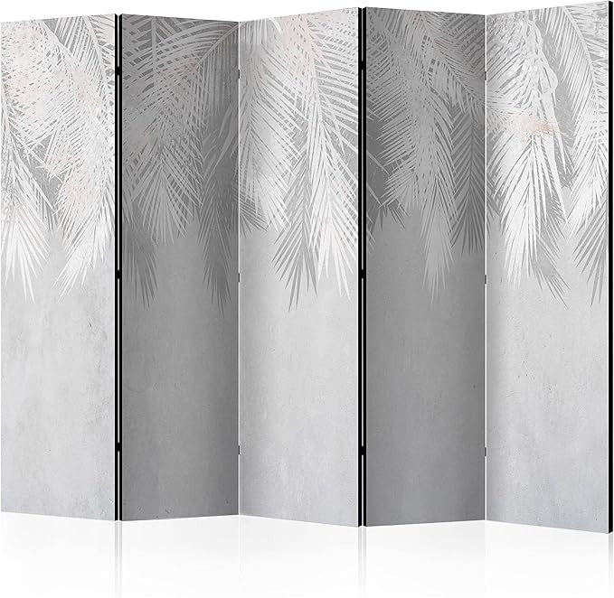 White Grey Palm Leaf 5 Panel Folding Room Divider Large Canvas Privacy Screen