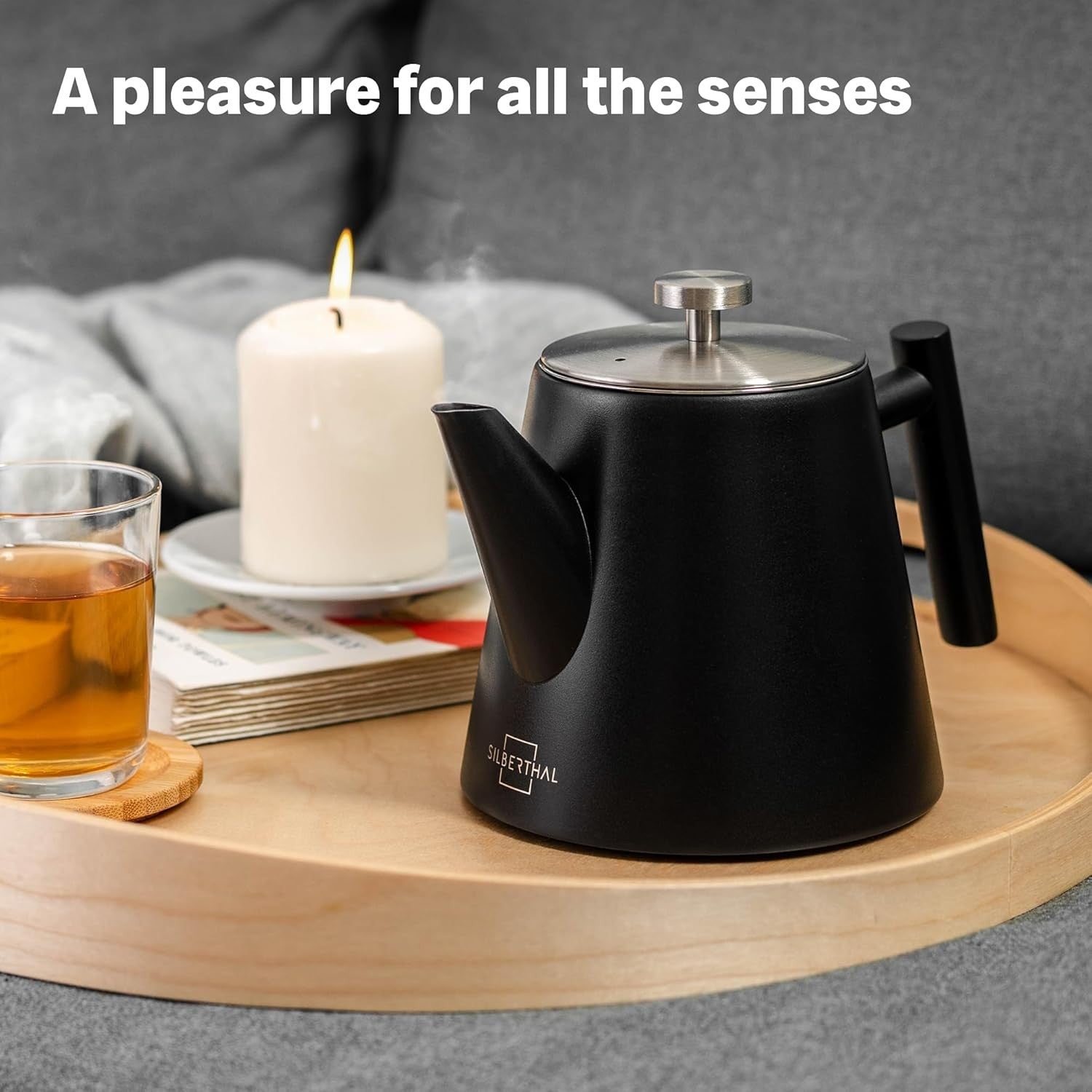 Black Stainless Steel Teapot 1L Double Wall Insulated w/ Tea Strainer