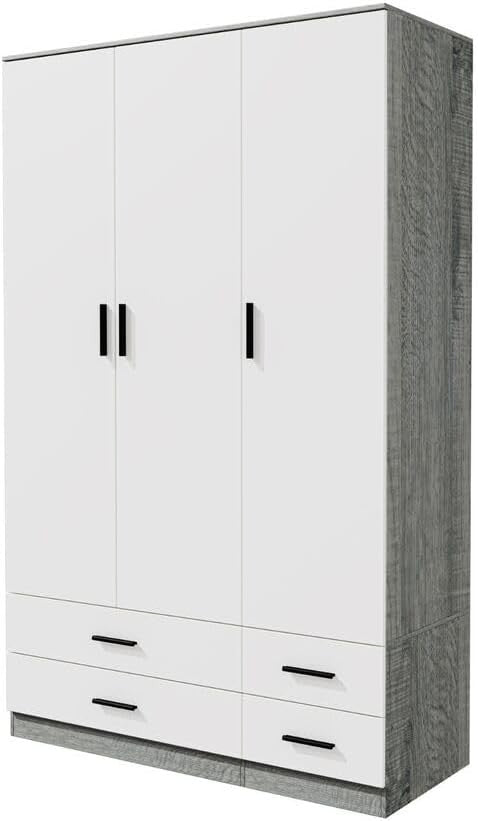 3 Door 4 Drawer Wardrobe Hanging Rail Storage Ash Grey & White Bedroom