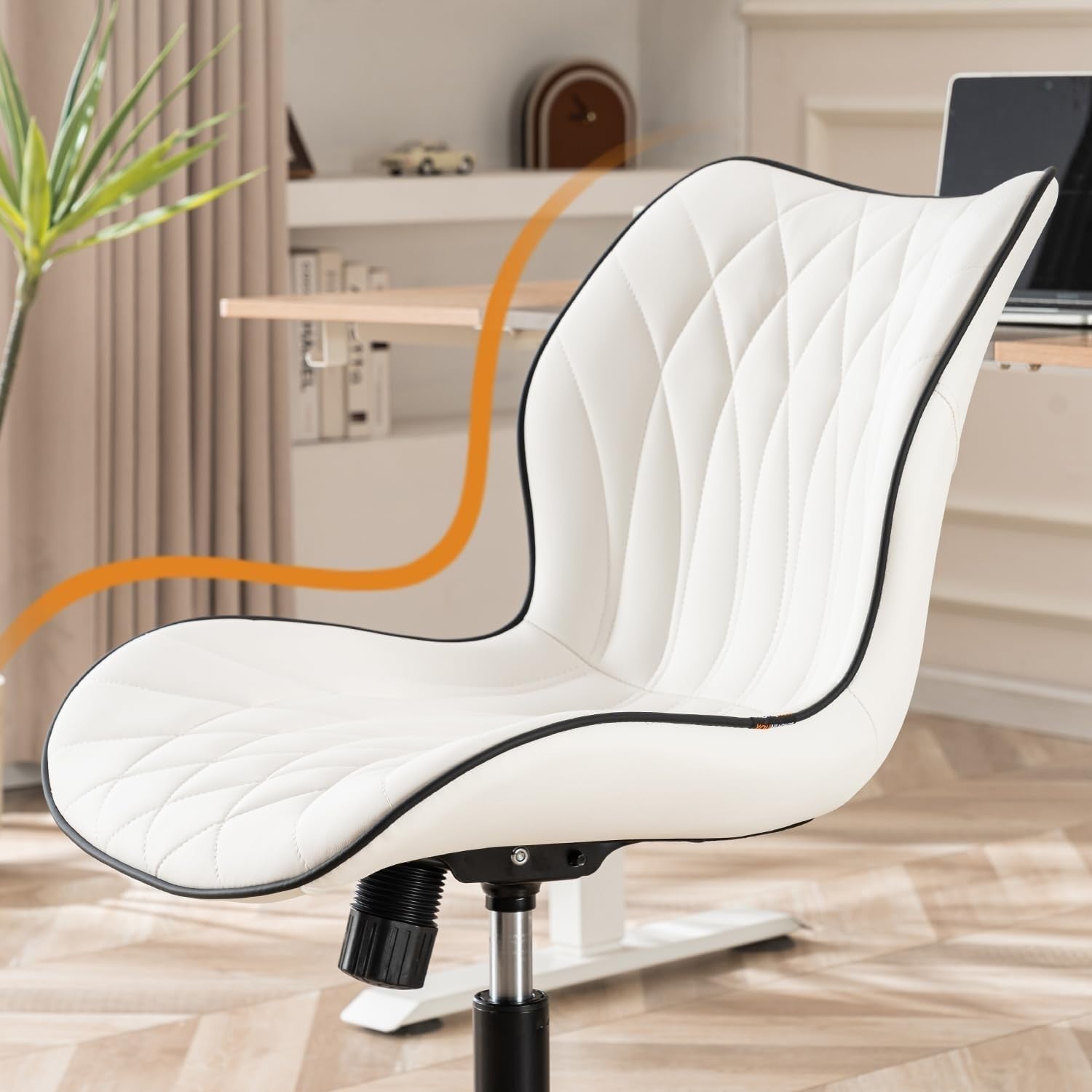 White Faux Leather Swivel Desk Chair Ergonomic Home Office Vanity Rocking Armles