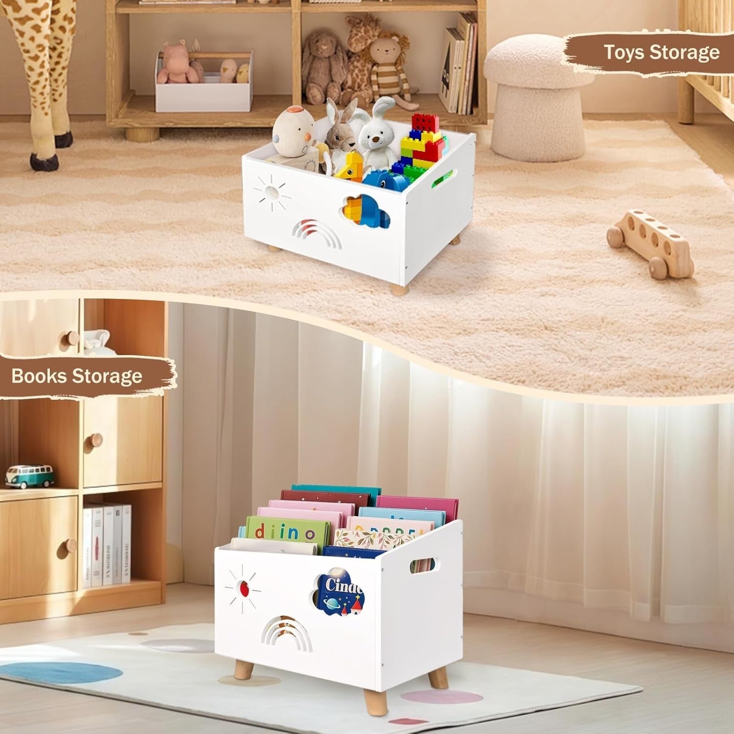 Wood Kids Bookshelf with Adjustable Dividers Montessori Toddler Book Rack