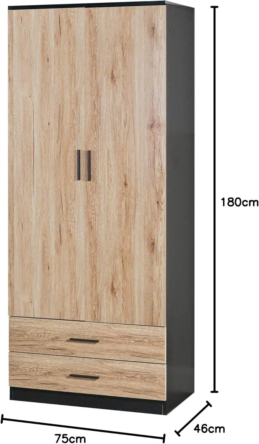 Black Oak 2 Door Wardrobe with Drawers Hanging Rail Bedroom Storage