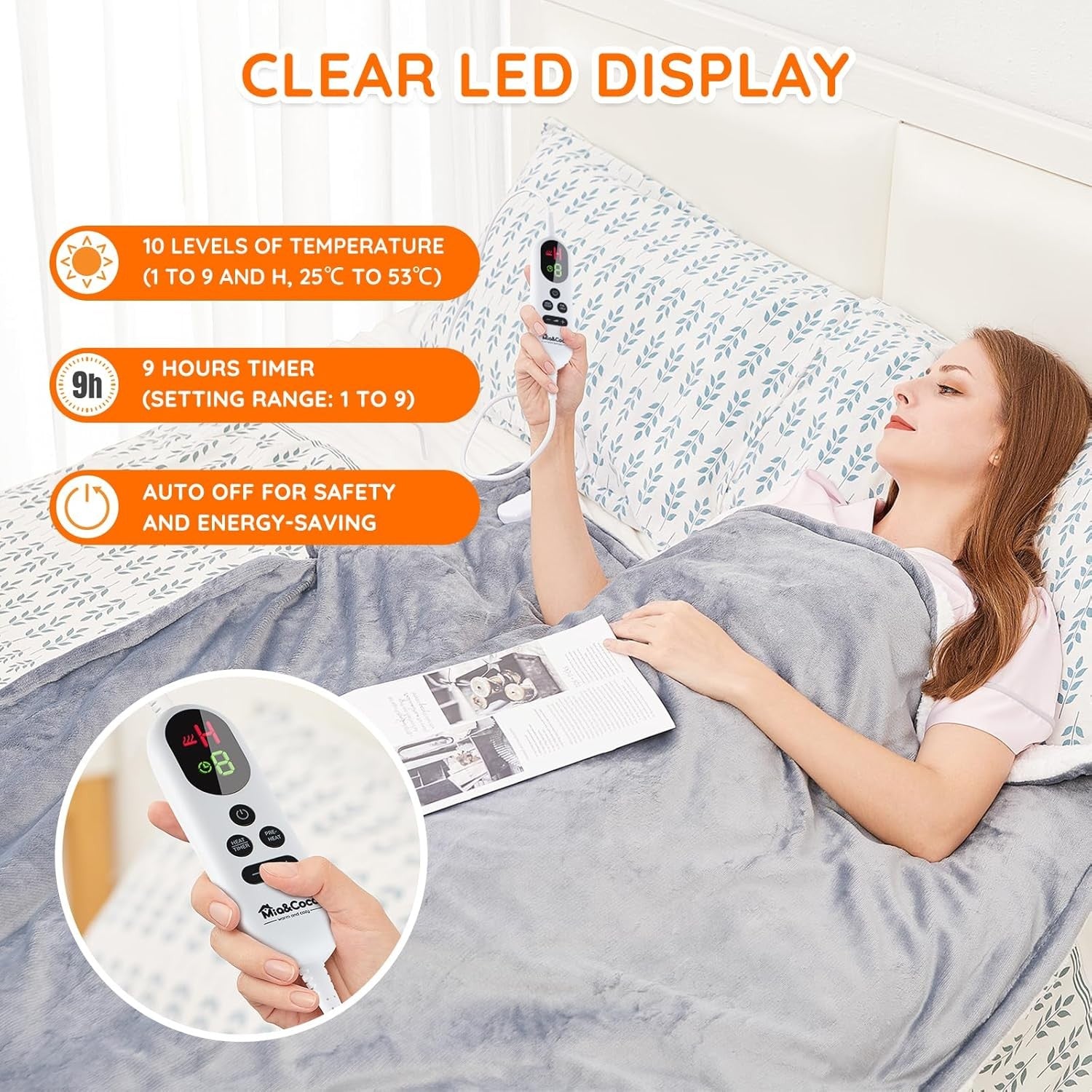 Electric Heated Throw Blanket 120x160cm Grey Sherpa 10 Heat LED Timer