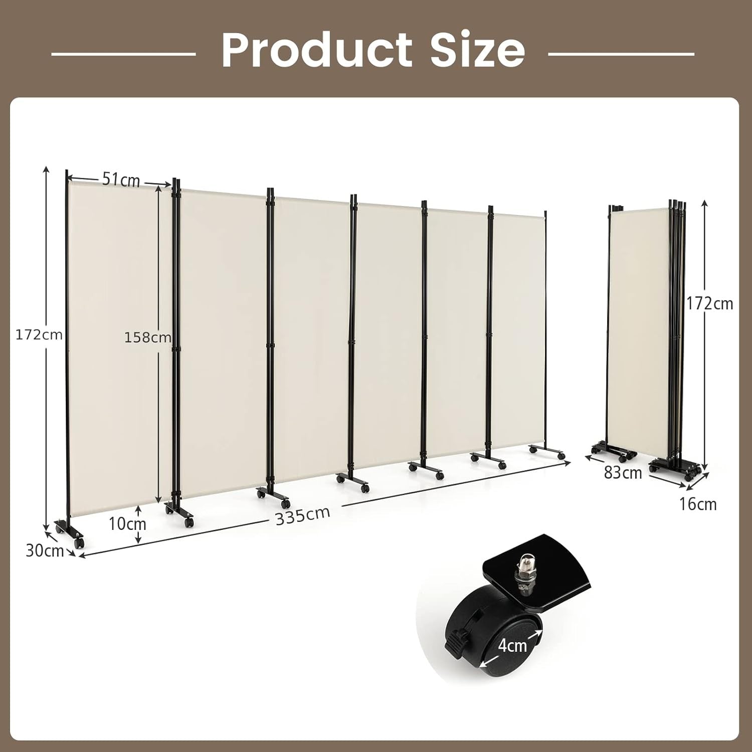 6 Panel White Folding Room Divider Privacy Screen Metal Frame 335x172cm