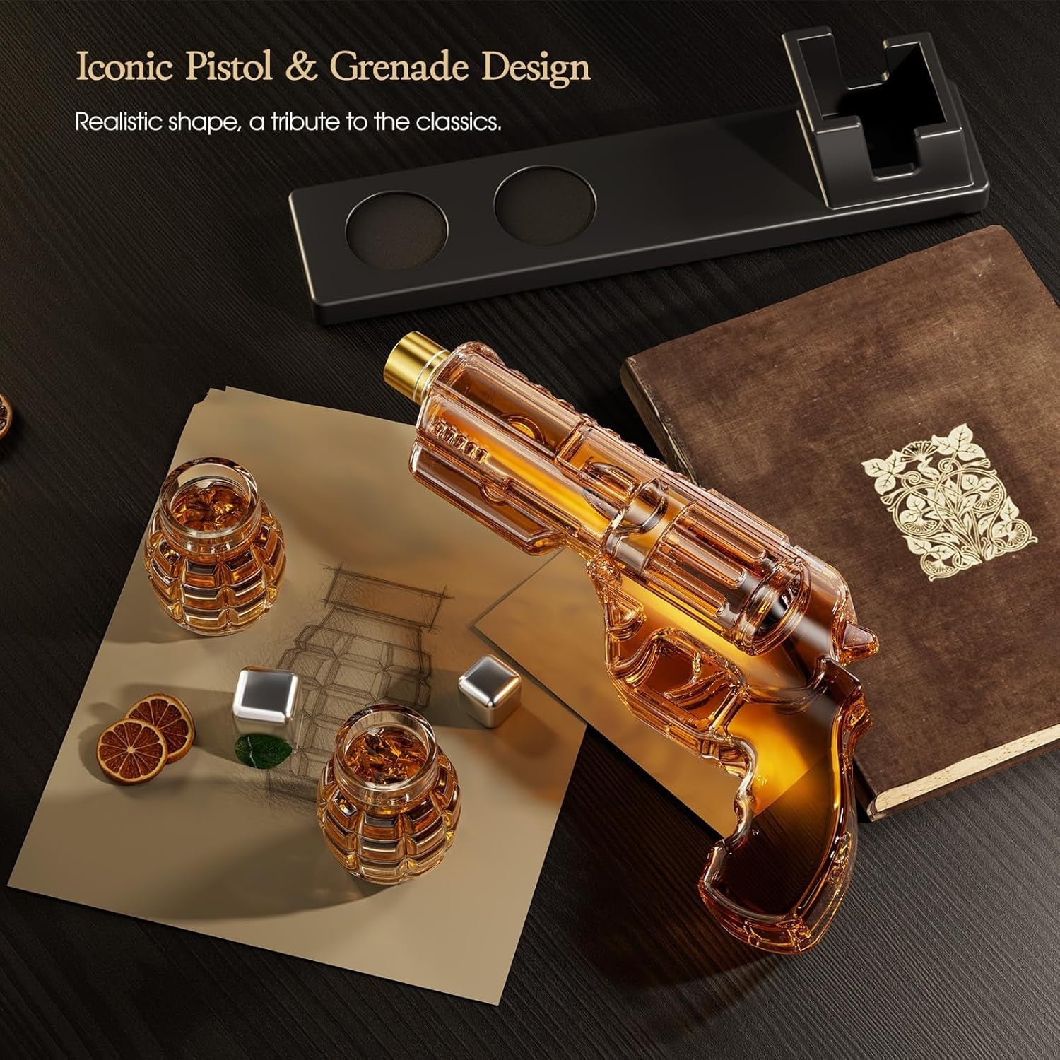 Gun Whiskey Decanter Set with Grenade Shot Glasses Gift Box Display Stand 380ml
