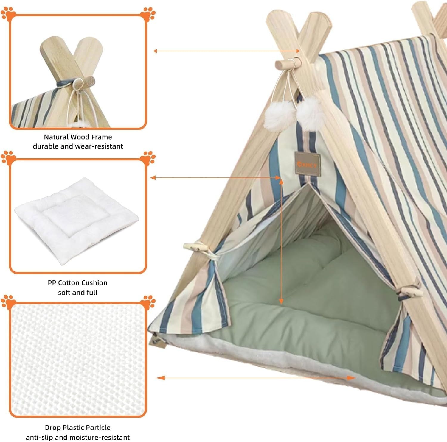 Wooden Pet Teepee Tent Cat Dog House w Cushion Indoor Shelter Striped