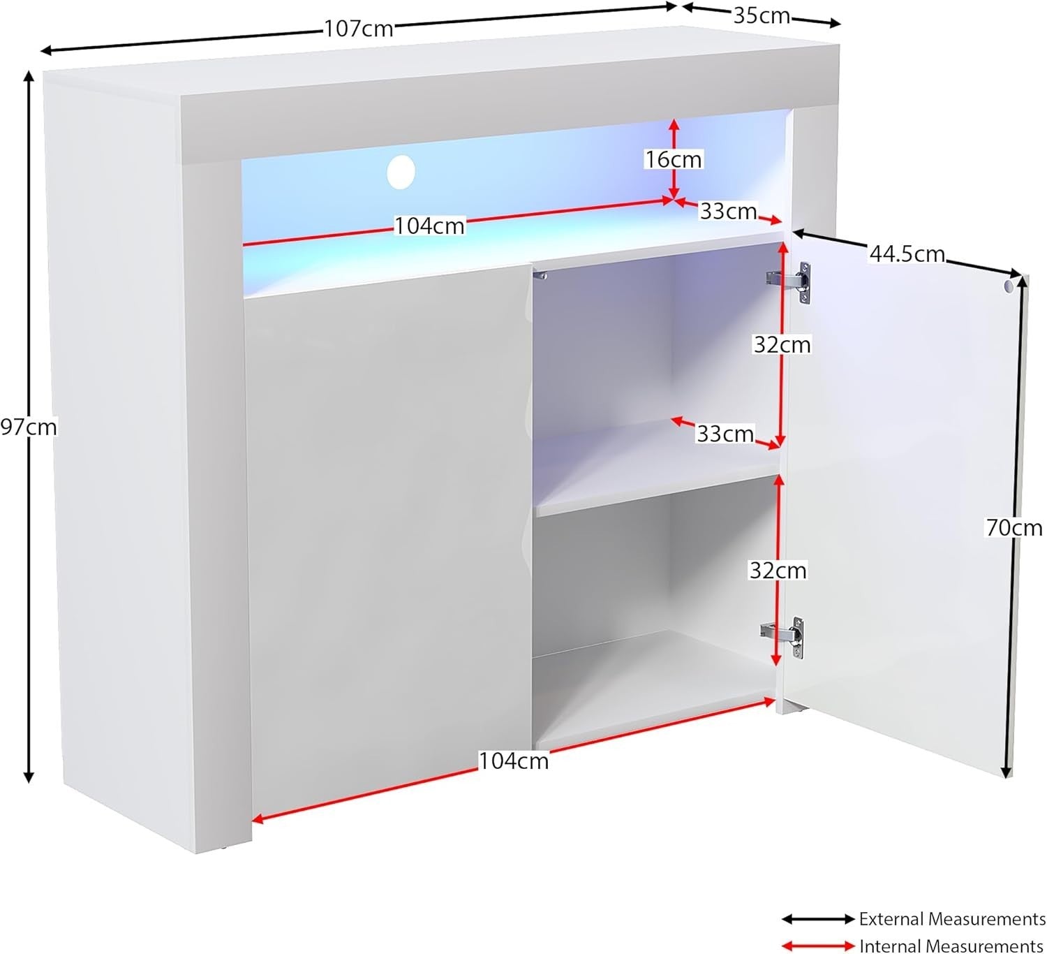Modern White LED Sideboard 2 Doors Magnetic Storage Cabinet RGB Lighting