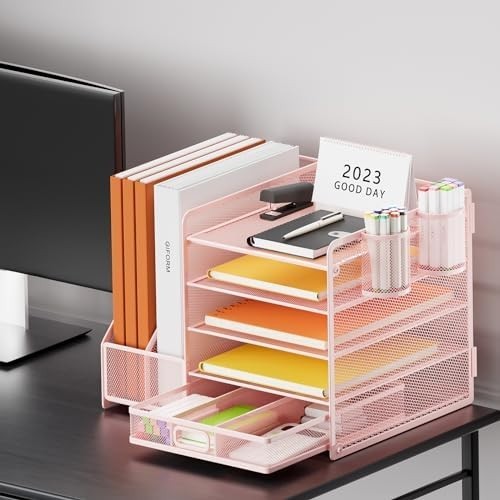 5 Tier Desk Organiser Pink Mesh File Holder Drawer Paper Tray Storage